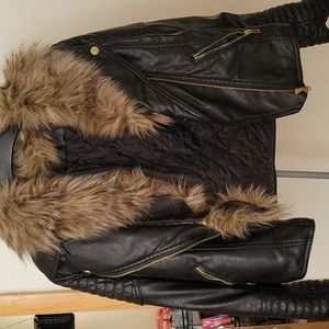 Faux leather motorcycle jacket w/ fur